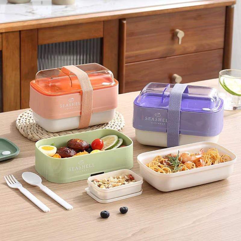 1.1L Creative Lunch Box with Fork Spoon Portable Double Layer Leakproof Bento Box for School Office Food Storage Container