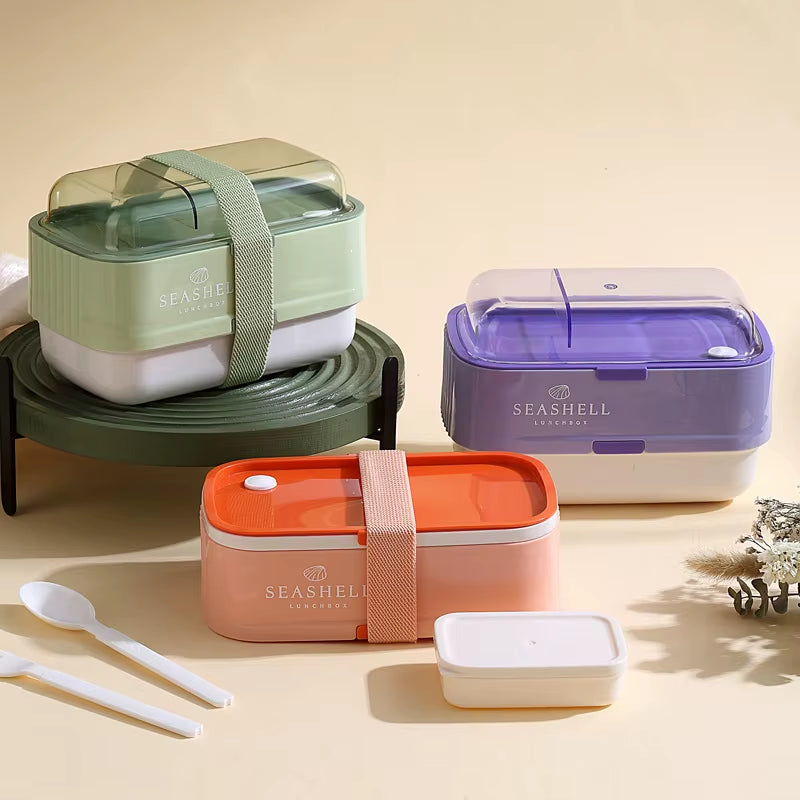 1.1L Creative Lunch Box with Fork Spoon Portable Double Layer Leakproof Bento Box for School Office Food Storage Container