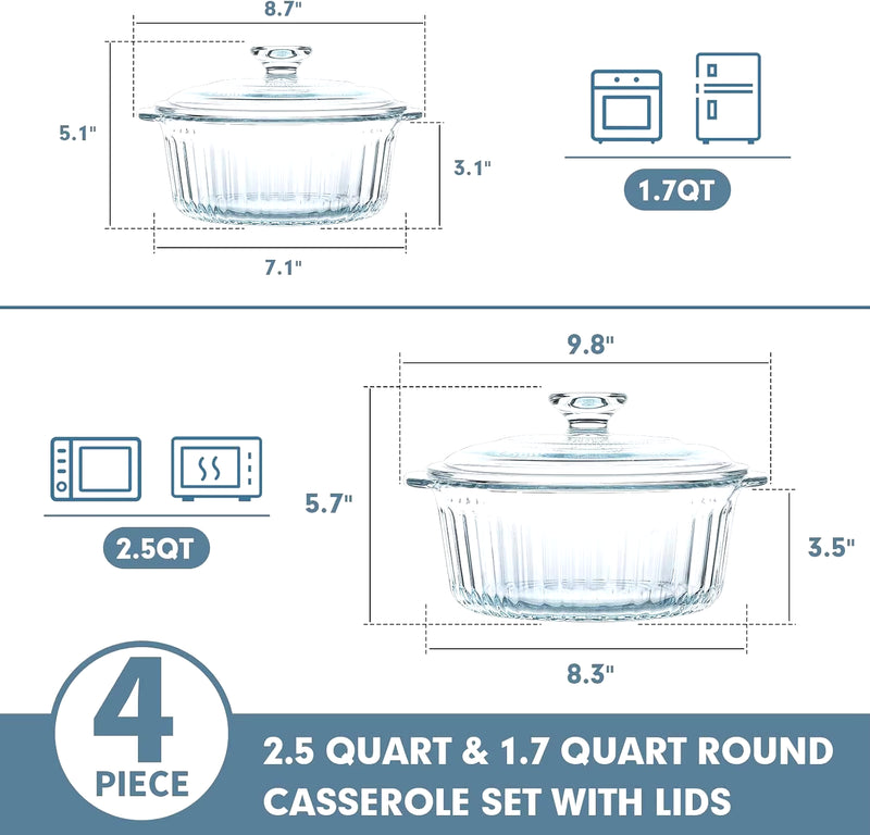 4-Piece Glass Casserole Baking Dish, Set of 2 Casseroles with Glass Lids, 1.7 Qt and 2.5 Qt, Round