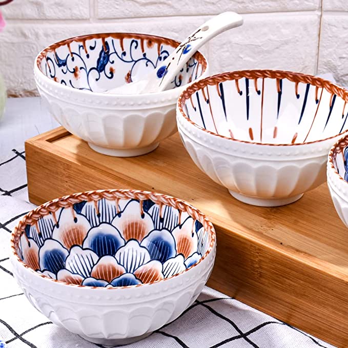 Japanese Style Underglaze Small Bowl Soup Bowl Ceramic Rice Bowl, Set of 4